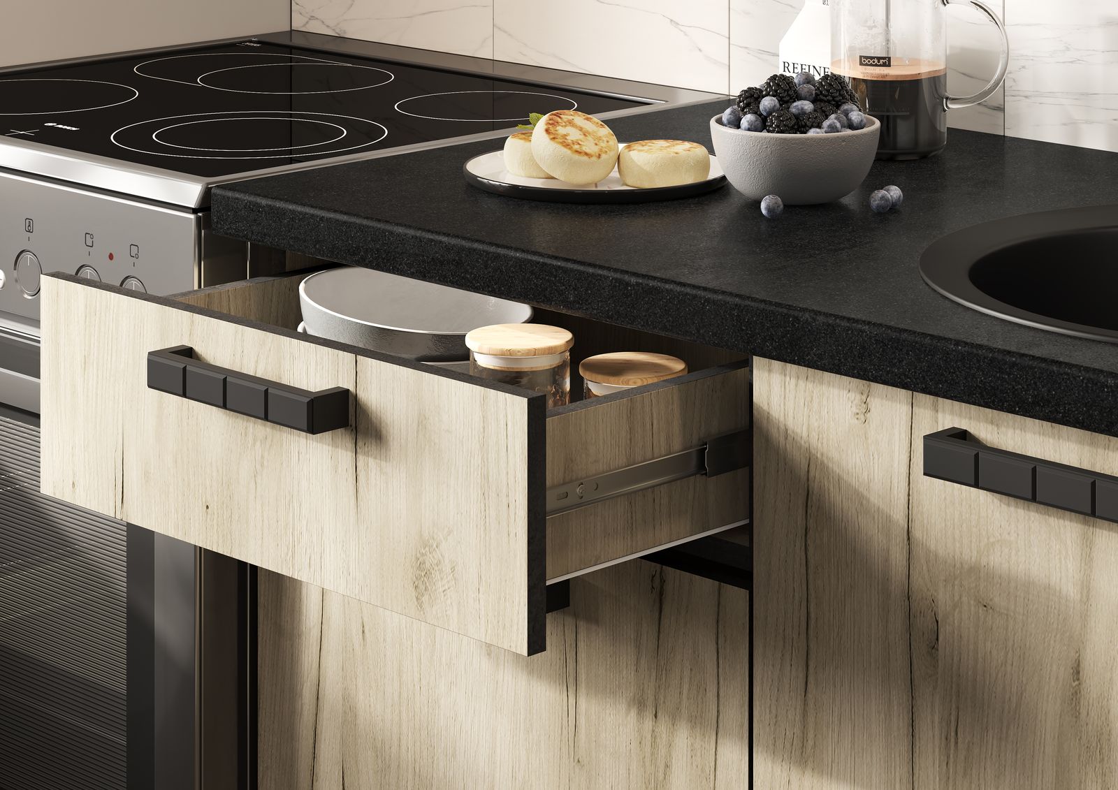 ЭДИНБУРГ Кухня 1.0  (1000*2160*600) Фасад ЖЕЛЕЗНЫЙ КАМЕНЬ/Корпус ДУБ КРАФТ СЕРЫЙ