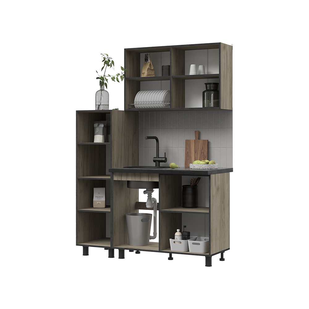 ЭДИНБУРГ Кухня с пеналом 1.4  (1350*2160*600)Фасад ЖЕЛЕЗНЫЙ КАМЕНЬ/Корпус ДУБ КРАФТ СЕРЫЙ