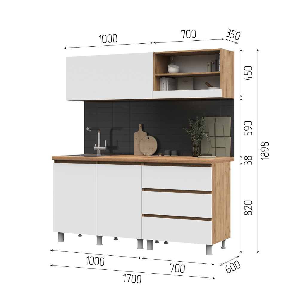 КУХНЯ 1,7 ХЕЛЕН (1,7х1,898х0,6)Фасад БЕЛЫЙ/Корпус ДУБ КРАФТ ЗОЛОТО