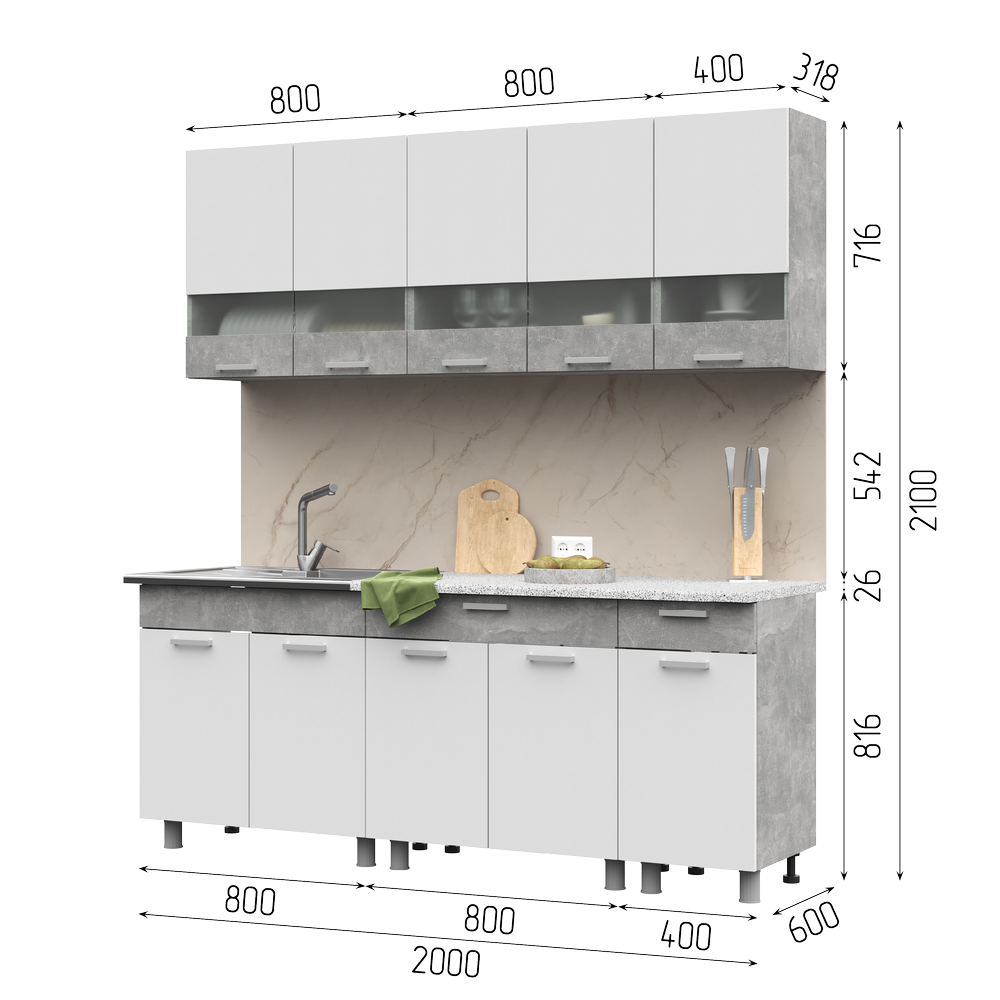 КУХНЯ 2,0 ДЕНВЕР (2,000Х2,160Х0,600)Фасад БЕЛЫЙ/Корпус АТЕЛЬЕ СВЕТЛОЕ