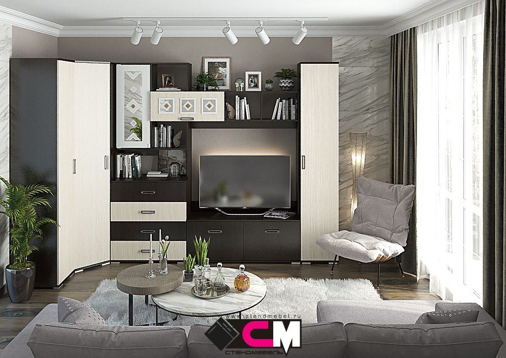 Гостиная ЯНА  центр секция ТВ 751 (2,0х2,12х0,4,6/ТВ1,2х1,024) фасад БЕЛФОРТ/корпус ВЕНГЕ