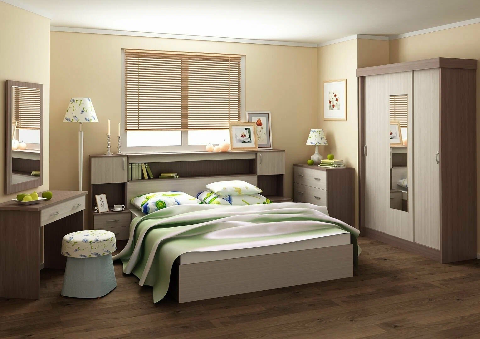 Спальня БАСЯ КР 552 кровать с прикров блоком (2,352х1,024х2,232) фасад ШИМО СВЕТЛ/корпус ШИМО ТЕМН