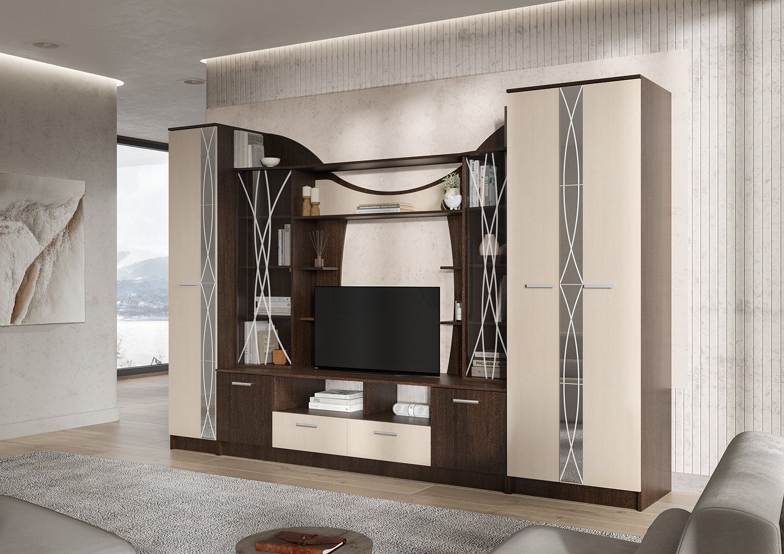 Гостиная ОЛЬБИЯ центральная секция (2,0х2,1х0,542/ниша ТВ 1.2х0,944) фасад БЕЛФОРТ/корпус ВЕНГЕ