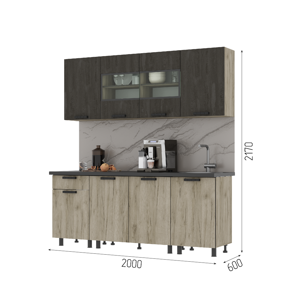 ЭДИНБУРГ Кухня 2.0 (2000Х2160Х600) Фасад ЖЕЛЕЗНЫЙ КАМЕНЬ/Корпус ДУБ КРАФТ СЕРЫЙ