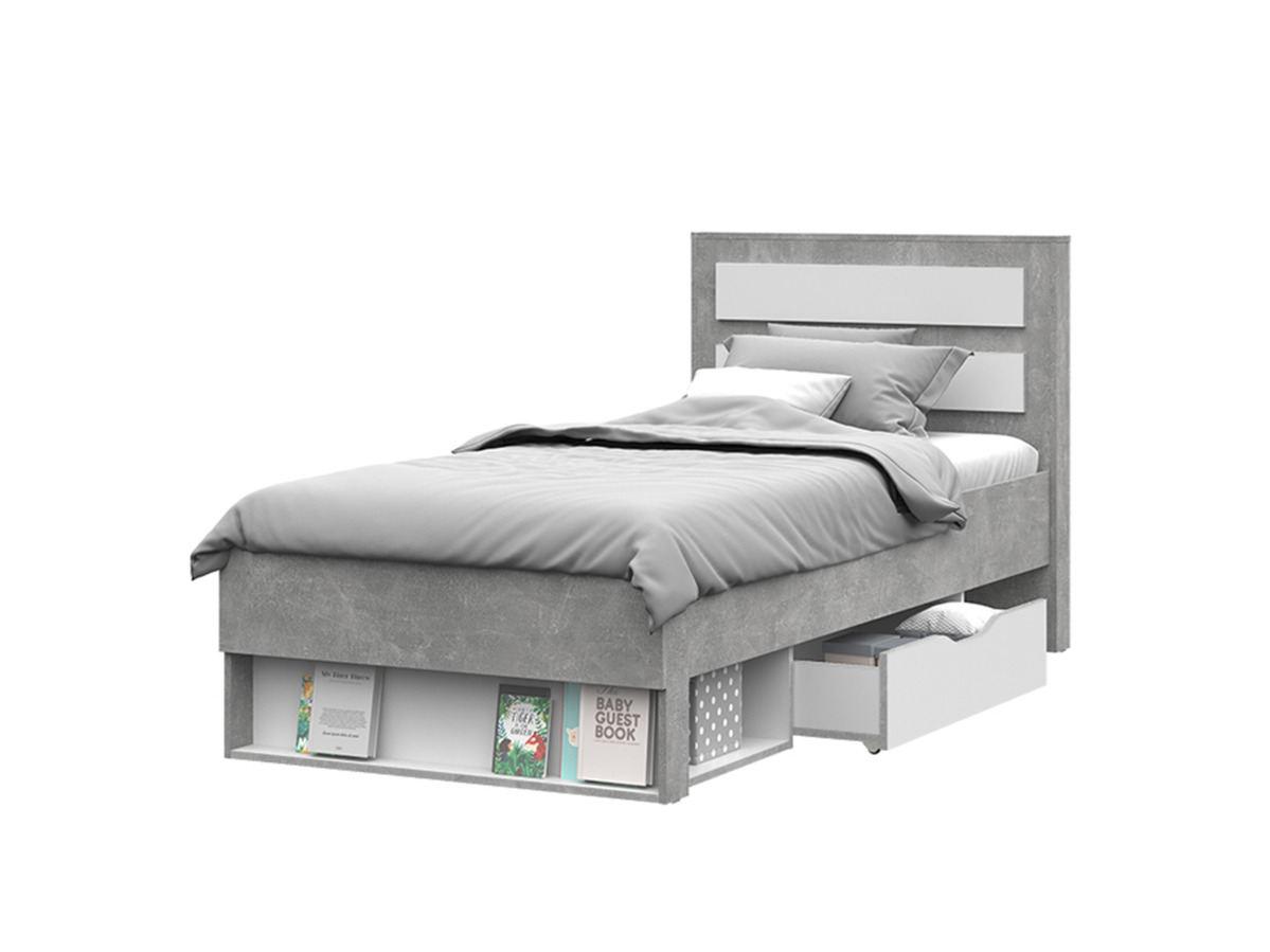 ДЕНВЕР КР 01 Кровать 0,9х2,0 (970х986х2110) Фасад БЕЛЫЙ/Корпус АТЕЛЬЕ СВЕТЛЫЙ