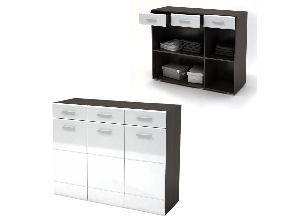 Спальня ВЕГАС комод 3 ящика (1,2х0,985х0,446) фасад МДФ БЕЛЫЙ ГЛЯНЕЦ/корпус ВЕНГЕ