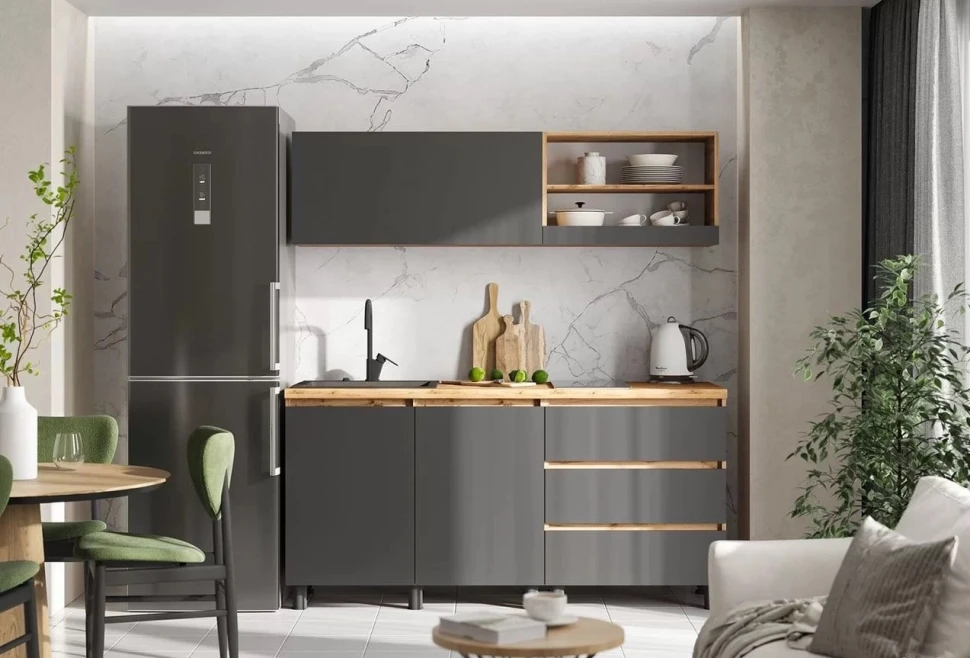 КУХНЯ 1,7 ХЕЛЕН (1,7х1,898х0,6)Фасад ГРАФИТ/Корпус ДУБ КРАФТ ЗОЛОТО