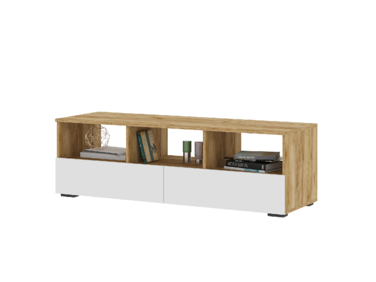 ХЕЛЕН ТБ 02 Тумба ТВ (1,402х0,442х0,460)ФАСАД БЕЛЫЙ/КОРПУС ДУБ КРАФТ ЗОЛОТО