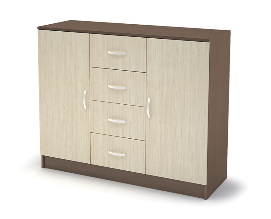 Спальня БАСЯ КМ 555-М  комод 4 ящика 2 створки (1,2х0,99х0,41) фасад ШИМО СВЕТЛ/корпус ШИМО ТЕМН