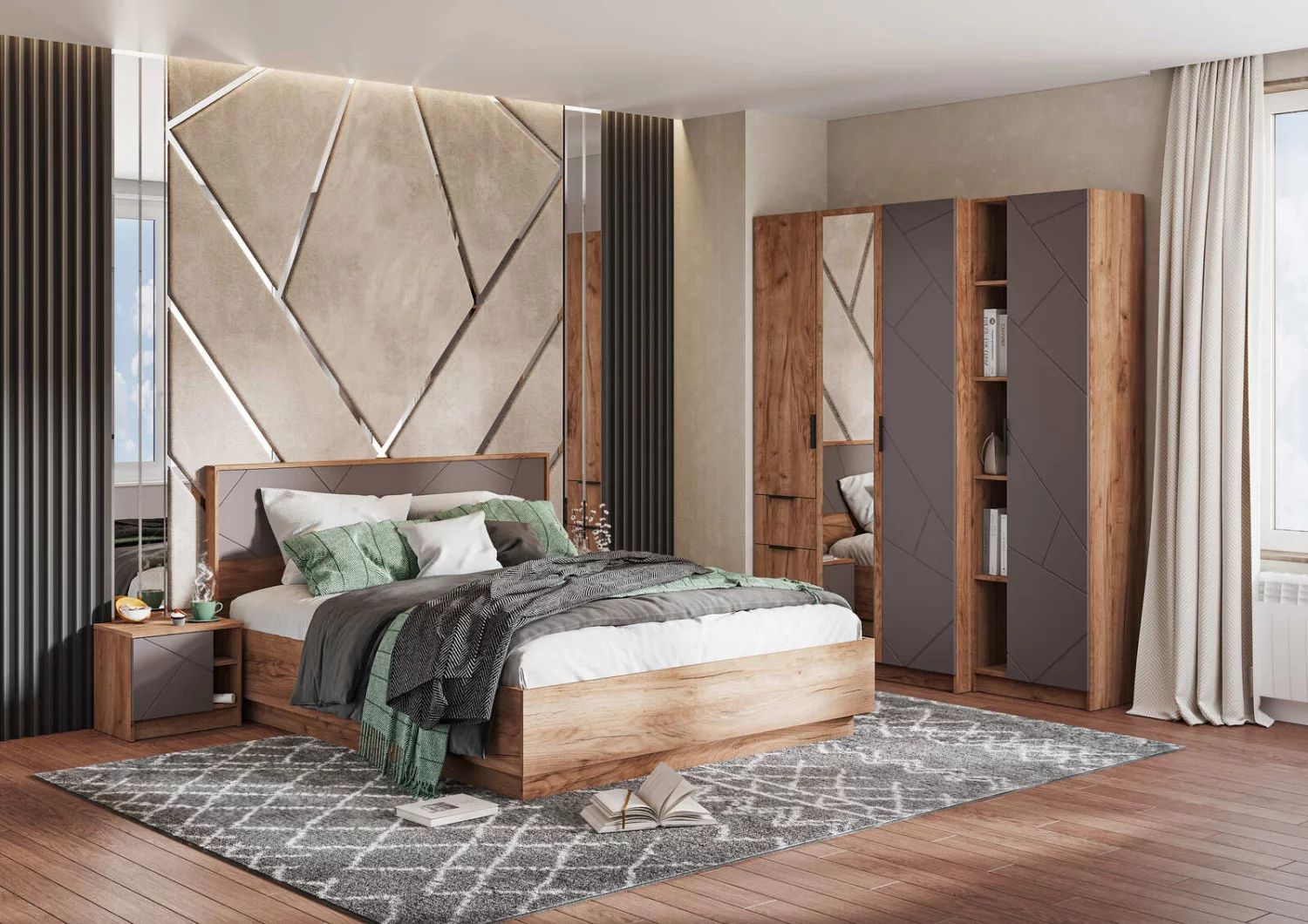 ОРЕГОН ШК 03 Шкаф 3х-створчатый (1200х2100х500)Фасад МДФ АСФАЛЬТ СУПЕРМАТ,ДУБ КРАФТ ТАБАЧНЫЙ/Корпус 