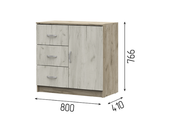 Спальня БАСЯ КМ 553-М комод 3 ящика 1 створка (0,8х0,766х0,41) фасад ДУБ КРАФТ БЕЛЫЙ/корпус ДУБ КРАФ
