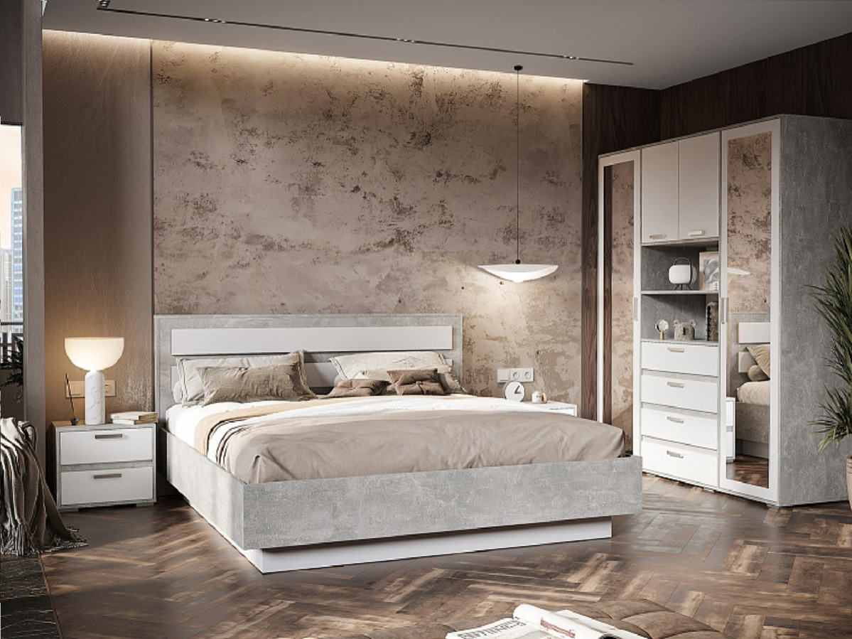 ДЕНВЕР КР 04 Кровать 1.4х2.0 (1472х990х2100) Фасад БЕЛЫЙ/Корпус АТЕЛЬЕ СВЕТЛЫЙ