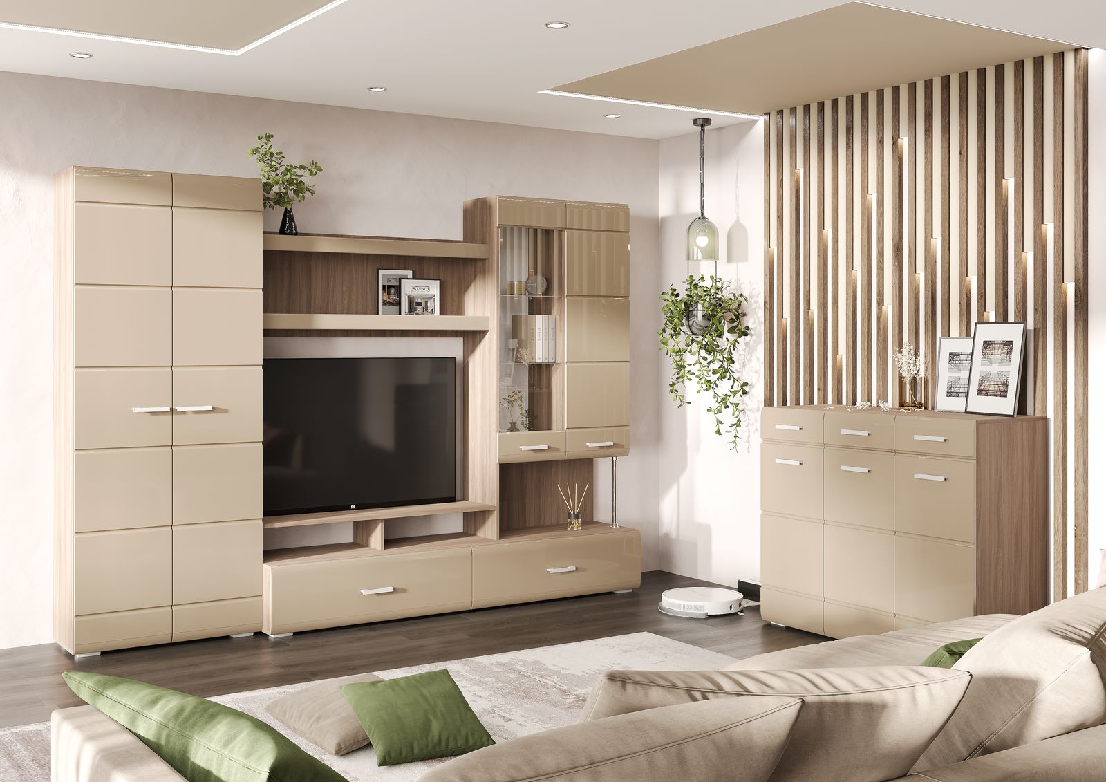 Гостиная ВЕГАС 1 (2,8х2,0х0,442 /ТВ 1,2х0,88х0,33) фасад МДФ КОФЕ С МОЛОКОМ/корпус ШИМО ТЕМН