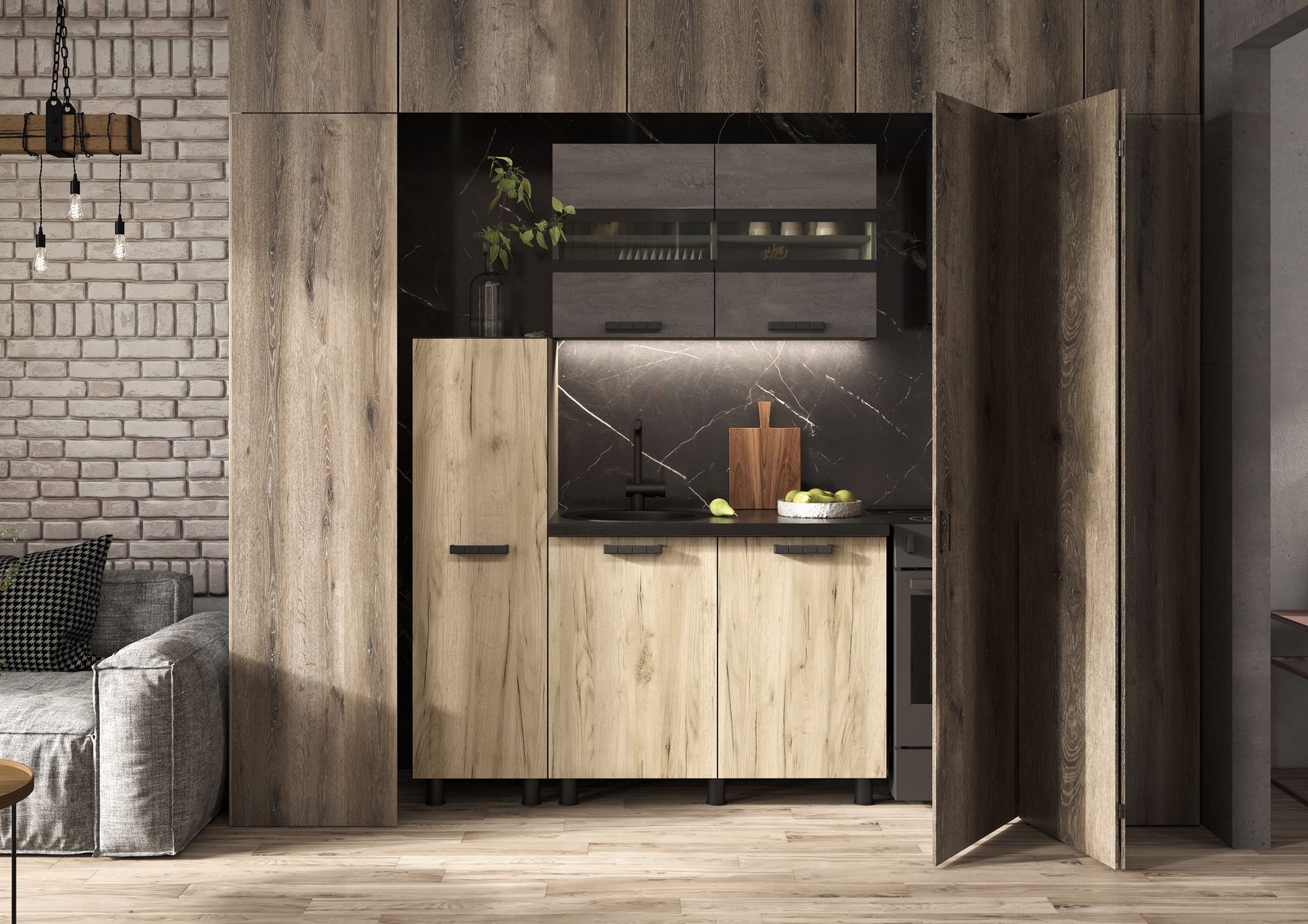 ЭДИНБУРГ Кухня с пеналом 1.4  (1350*2160*600)Фасад ЖЕЛЕЗНЫЙ КАМЕНЬ/Корпус ДУБ КРАФТ СЕРЫЙ