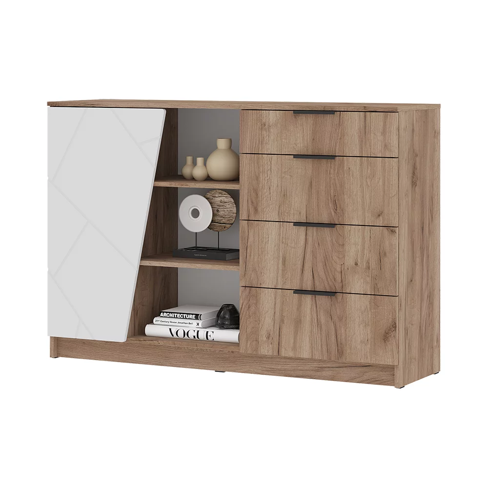 ОРЕГОН КМ 01 Комод 1400 (1400х950х400)Фасад МДФ БЕЛЫЙ СУПЕРМАТ,ДУБ КРАФТ ТАБАЧНЫЙ/Корпус ДУБ КРАФТ Т