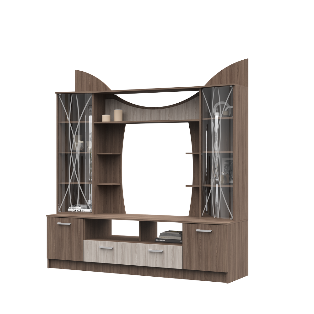 Гостиная ОЛЬБИЯ центральная секция (2,0х2,1х0,542/ниша ТВ 1.2х0,944) фасад ШИМО СВЕТЛ/корпус ШИМО ТЕ