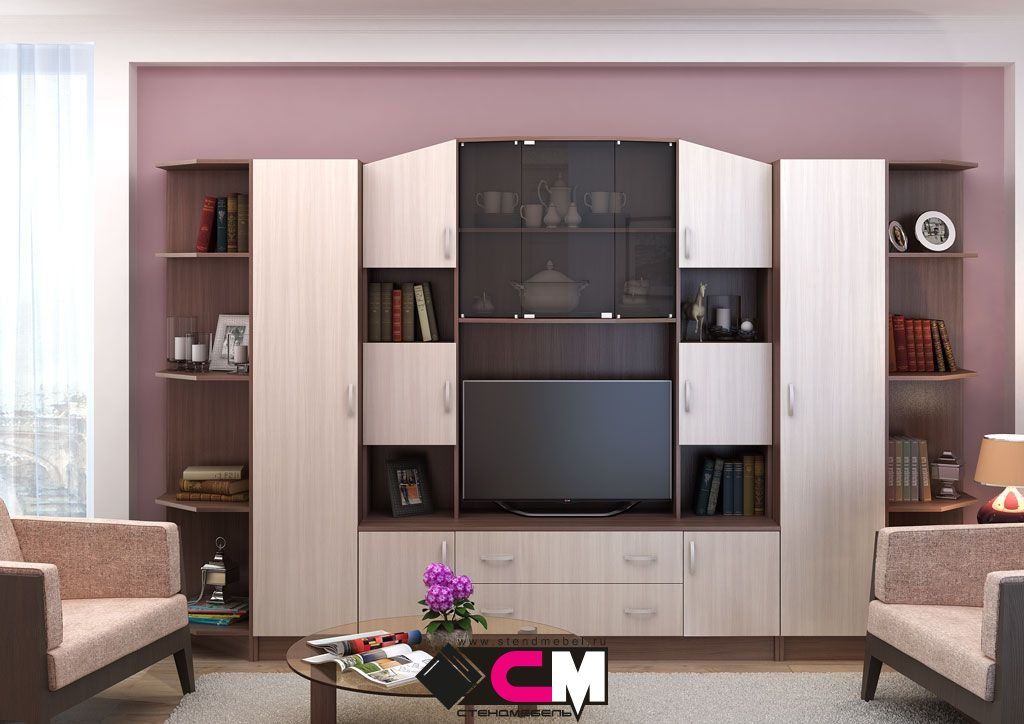 Гостиная МАКАРЕНА ЛДСП ТВ 301 центр секция (1,6х2,004х0,44/ТВ 0,852х0,648) фасад БЕЛФОРТ/корпус ВЕНГ