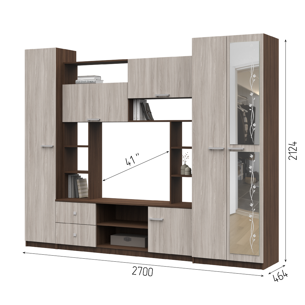 Гостиная МАРТА-М (2,7х2,124х0,468/ТВ 0,936х0,812) фасад ШИМО СВЕТЛ/корпус ШИМО ТЕМН
