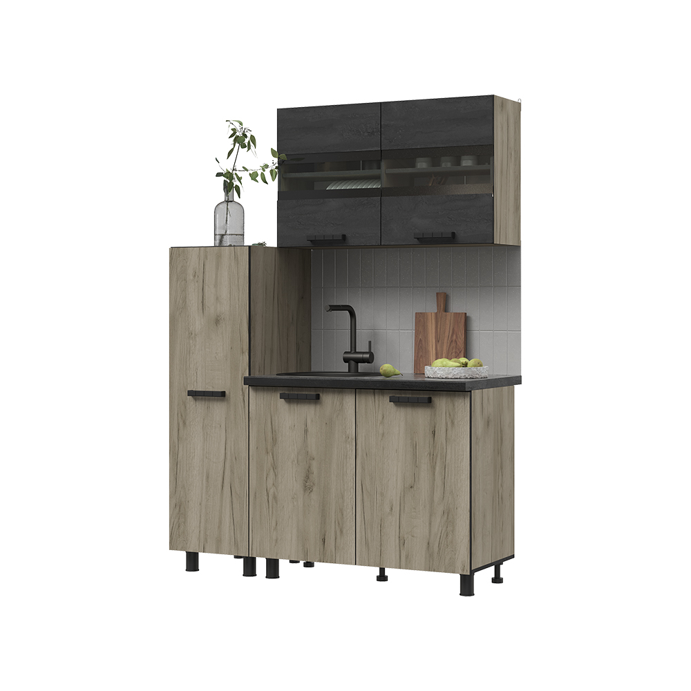 ЭДИНБУРГ Кухня с пеналом 1.4  (1350*2160*600)Фасад ЖЕЛЕЗНЫЙ КАМЕНЬ/Корпус ДУБ КРАФТ СЕРЫЙ