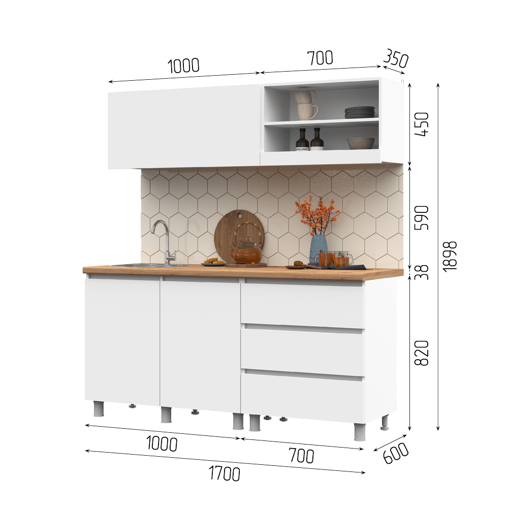 КУХНЯ 1,7 ХЕЛЕН (1,7х1,898х0,6)Фасад БЕЛЫЙ/Корпус БЕЛЫЙ