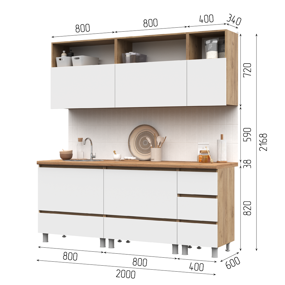 КУХНЯ 2,0 ХЕЛЕН (2,0х2,168х0,6)Фасад БЕЛЫЙ/Корпус ДУБ КРАФТ ЗОЛОТО