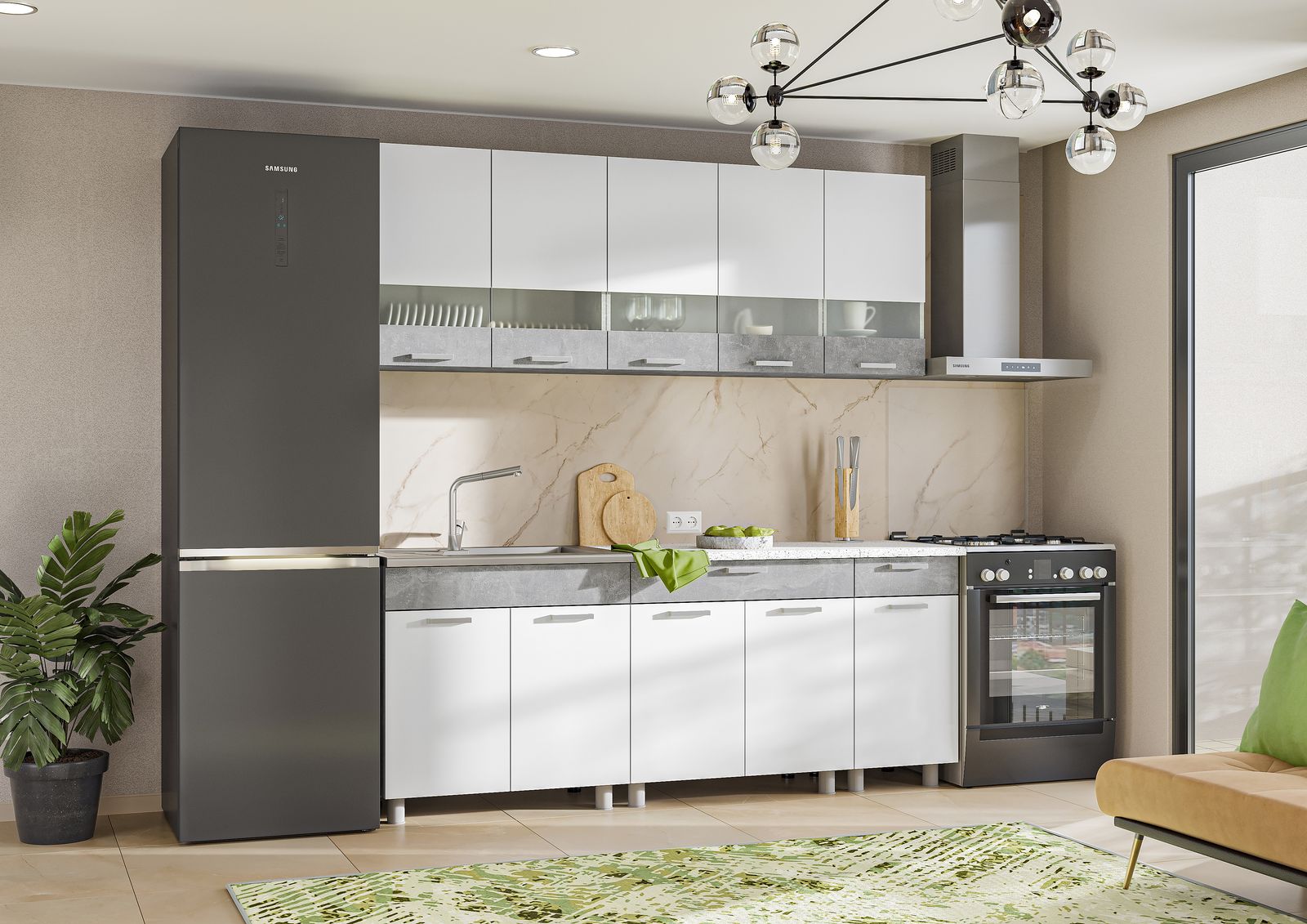 КУХНЯ 2,0 ДЕНВЕР (2,000Х2,160Х0,600)Фасад БЕЛЫЙ/Корпус АТЕЛЬЕ СВЕТЛОЕ