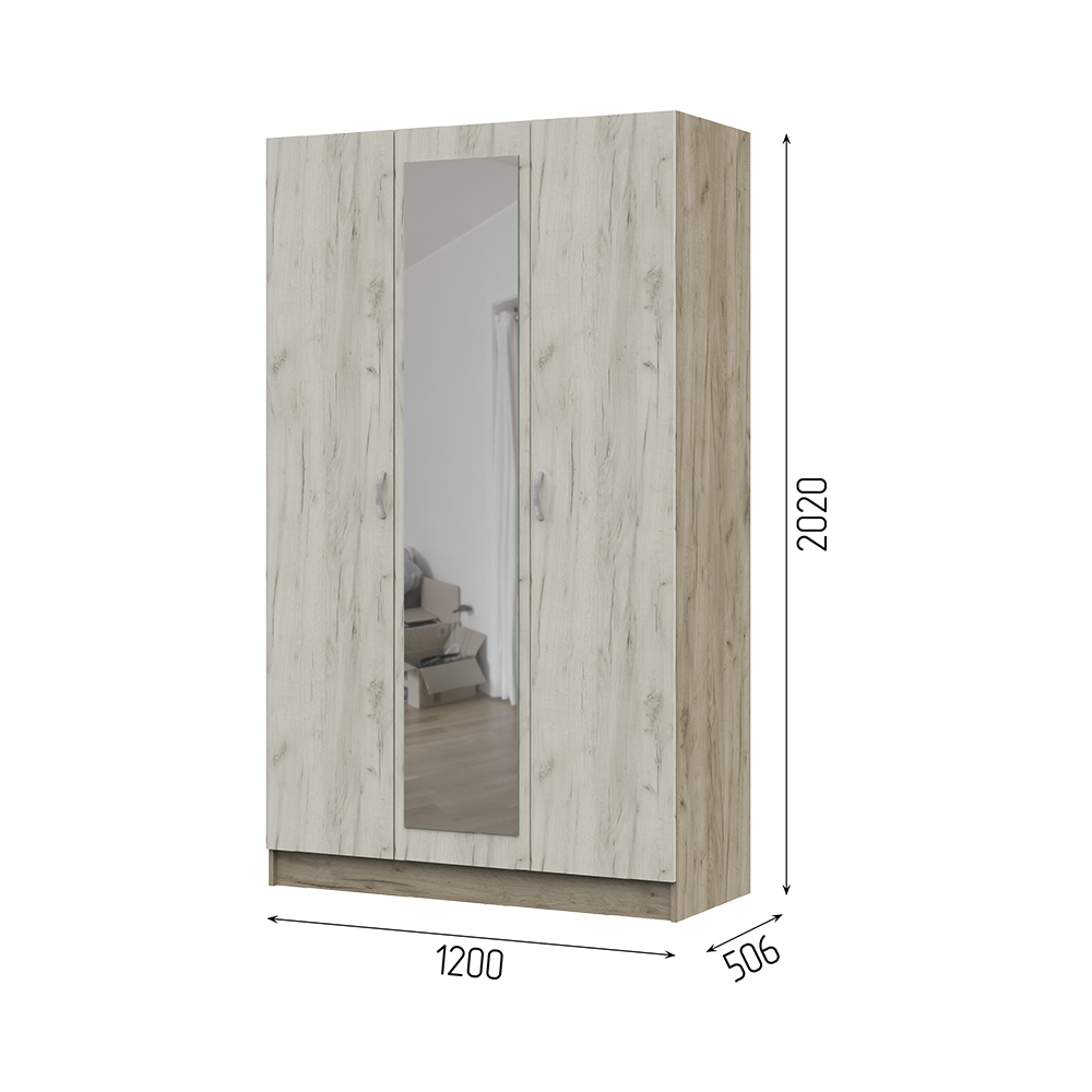 Спальня БАСЯ ШК 553 шкаф 3-х створчатый (1,2х2,02х0,506) фасад ДУБ КРАФТ БЕЛЫЙ/корпус ДУБ КРАФТ СЕРЫ