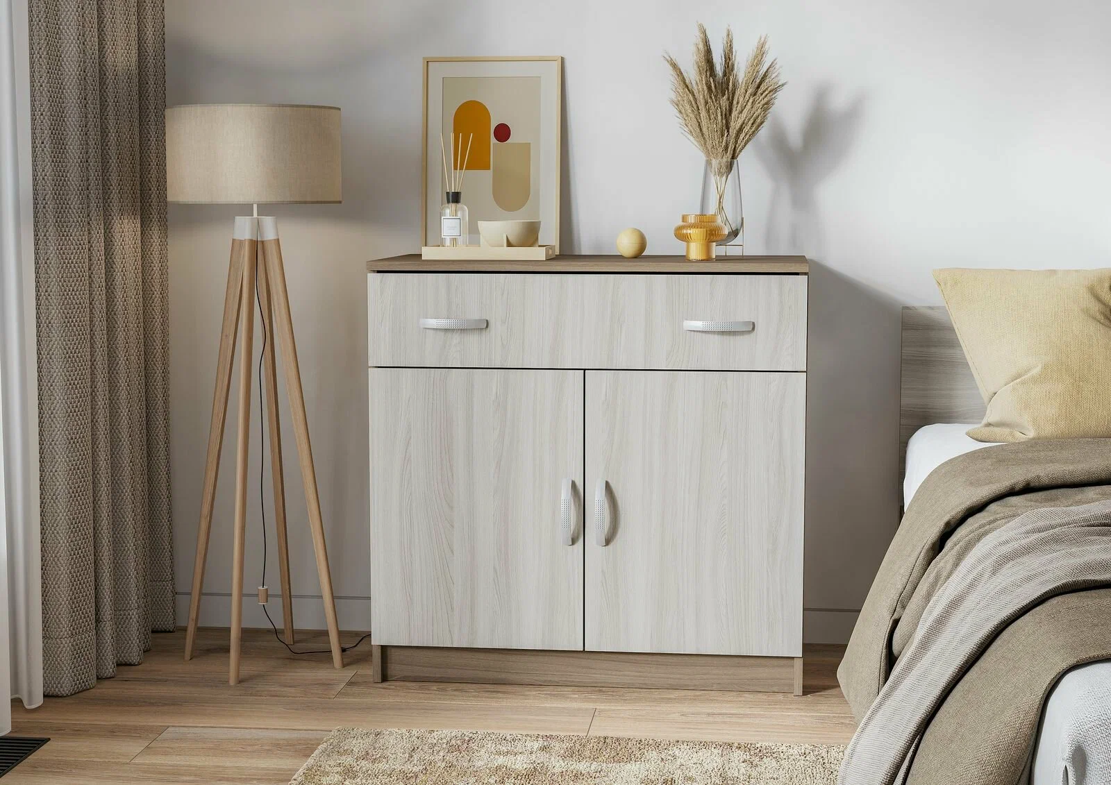 Спальня БАСЯ КМ 552-М комод 1 ящик 2 створки (0,8х0,79х0,41) фасад ШИМО СВЕТЛ/корпус ШИМО ТЕМН СНЯТО