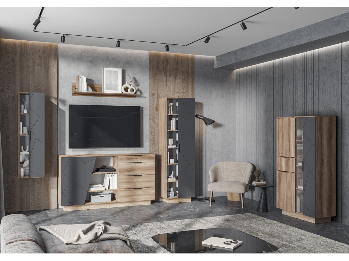 ДАЛЛАС ШК 02 Шкаф со стеклом (0,902х1,602х0,402) ФАСАД МДФ СОФТ ГРАФИТ/КОРПУС ДУБ КАНЬОН