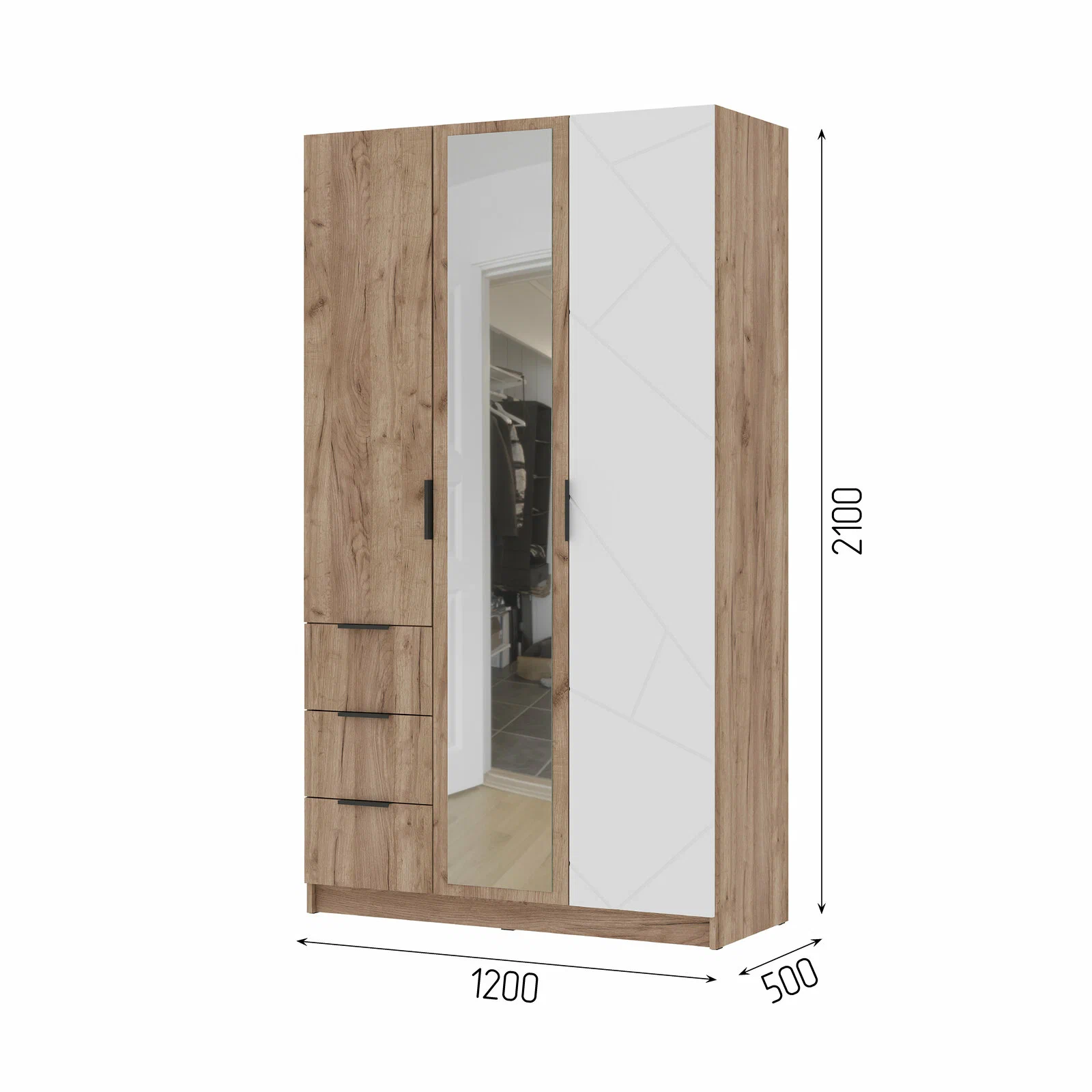 ОРЕГОН ШК 03 Шкаф 3х-створчатый (1200х2100х500)Фасад МДФ БЕЛЫЙ СУПЕРМАТ,ДУБ КРАФТ ТАБАЧНЫЙ/Корпус ДУ