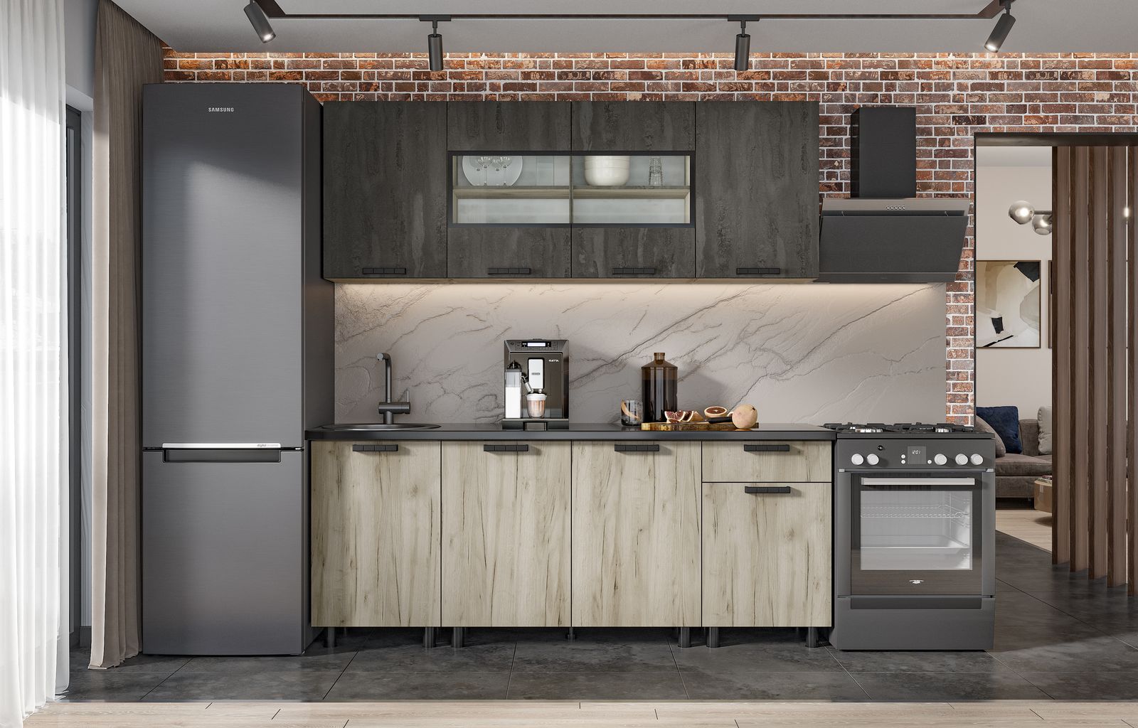 ЭДИНБУРГ Кухня 2.0 (2000Х2160Х600) Фасад ЖЕЛЕЗНЫЙ КАМЕНЬ/Корпус ДУБ КРАФТ СЕРЫЙ