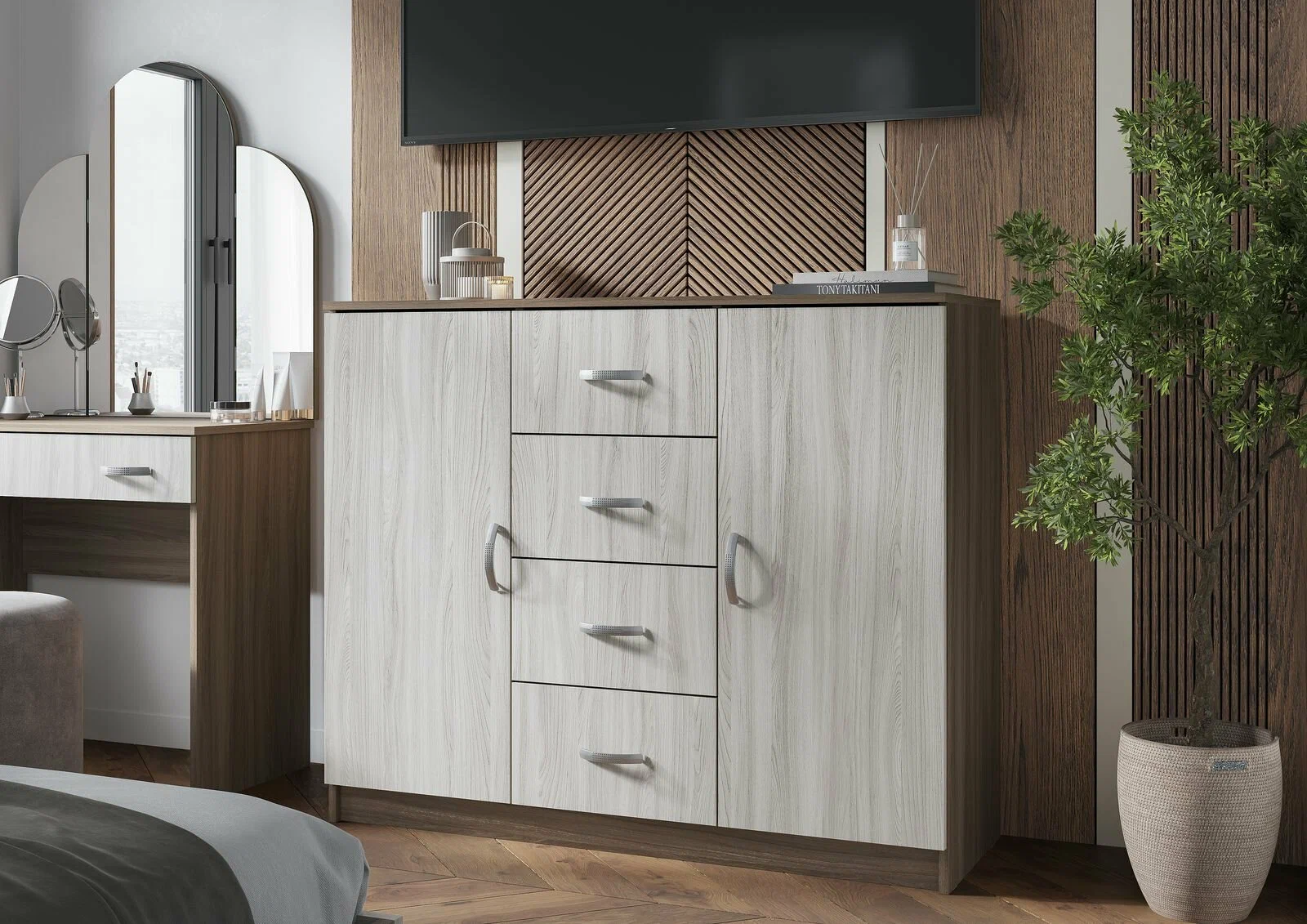 Спальня БАСЯ КМ 555-М  комод 4 ящика 2 створки (1,2х0,99х0,41) фасад ШИМО СВЕТЛ/корпус ШИМО ТЕМН