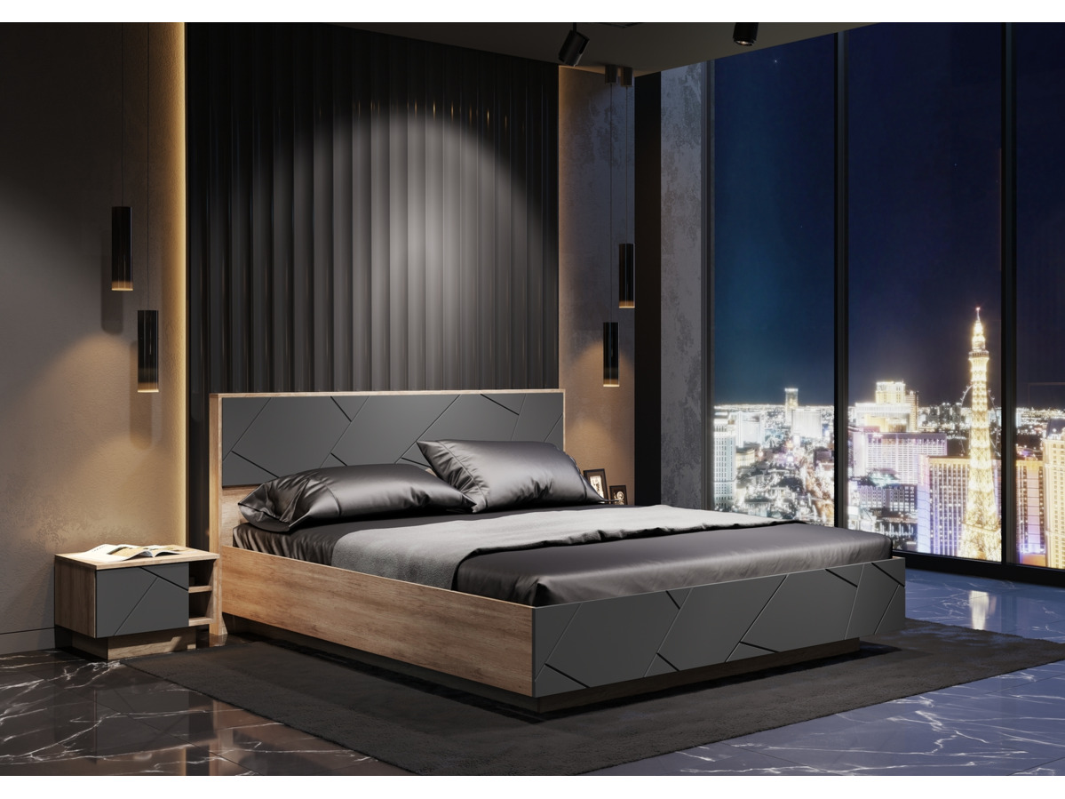 ДАЛЛАС КР 01 Кровать 1,6х2,0 (1,670х0,986х2,090) ФАСАД МДФ СОФТ ГРАФИТ/КОРПУС ДУБ КАНЬОН