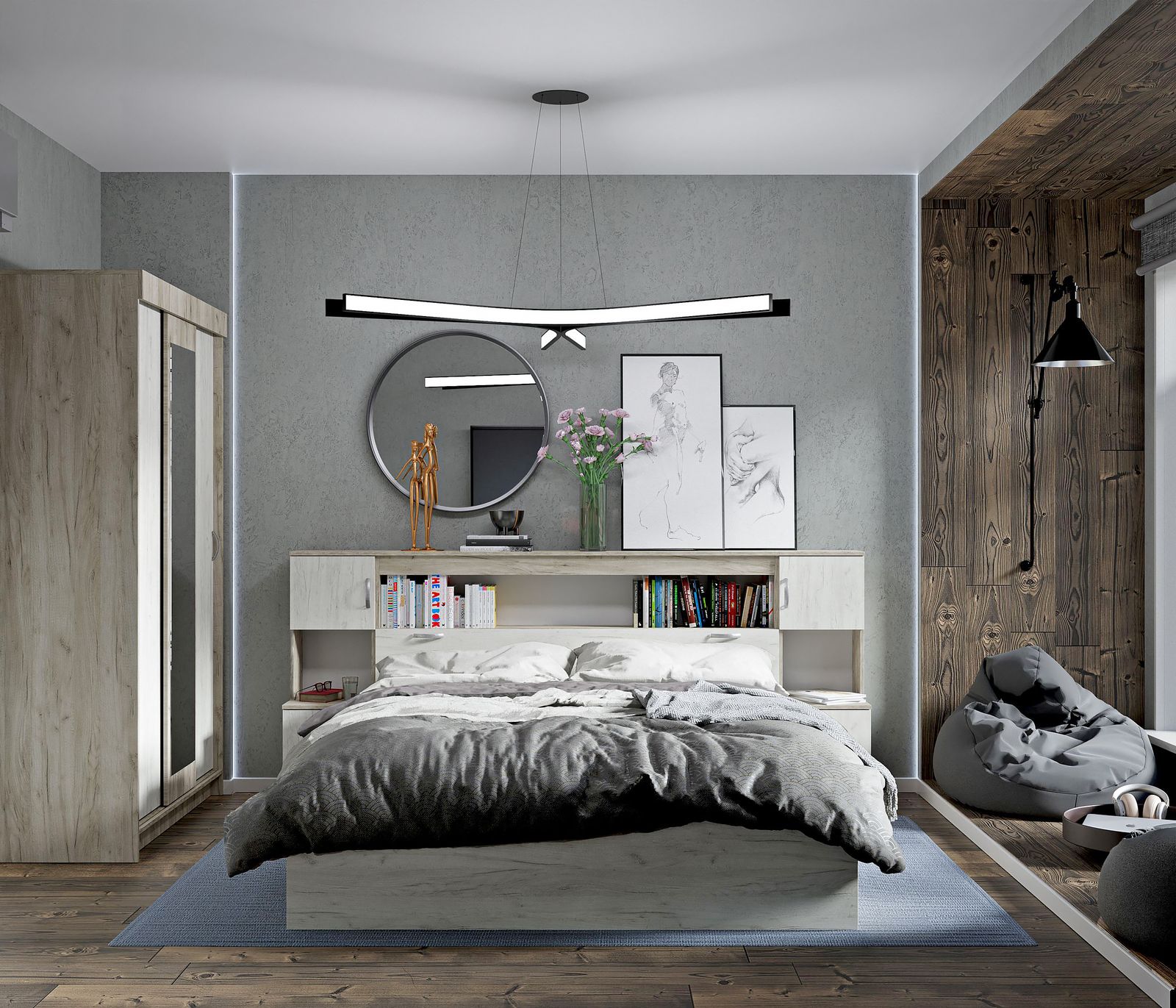 Спальня БАСЯ КР 552 кровать с прикров блоком (2,352х1,024х2,232) фасад ДУБ КРАФТ БЕЛЫЙ/корпус ДУБ КР