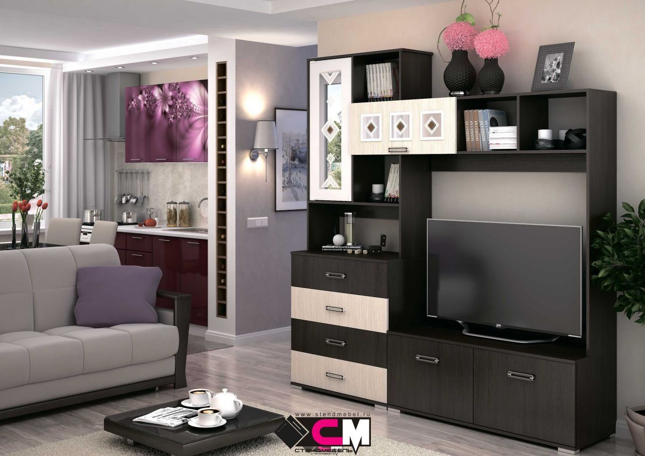 Гостиная ЯНА  центр секция ТВ 751 (2,0х2,12х0,4,6/ТВ1,2х1,024) фасад БЕЛФОРТ/корпус ВЕНГЕ