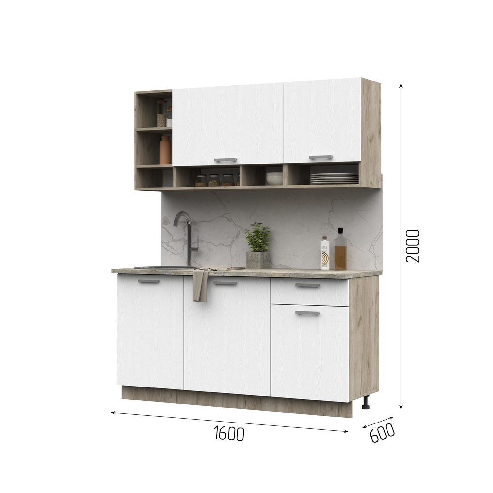 РИЦА Кухня 1,6 (1,600Х2,000Х0,600)Фасад БЕЛЫЙ/Корпус ДУБ КРАФТ СЕРЫЙ