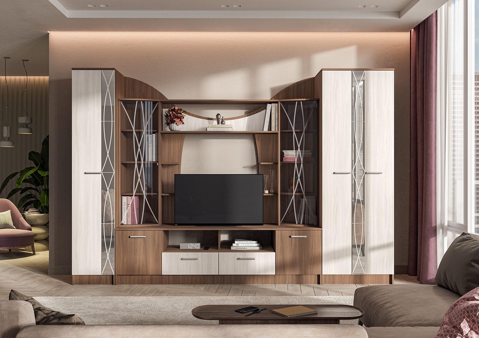 Гостиная ОЛЬБИЯ центральная секция (2,0х2,1х0,542/ниша ТВ 1.2х0,944) фасад ШИМО СВЕТЛ/корпус ШИМО ТЕ