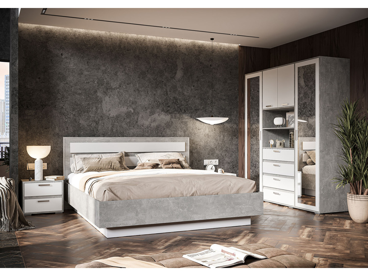 ДЕНВЕР ШК 02 Шкаф с зеркалом (1800 х2020х504) Фасад БЕЛЫЙ/Корпус АТЕЛЬЕ СВЕТЛЫЙ