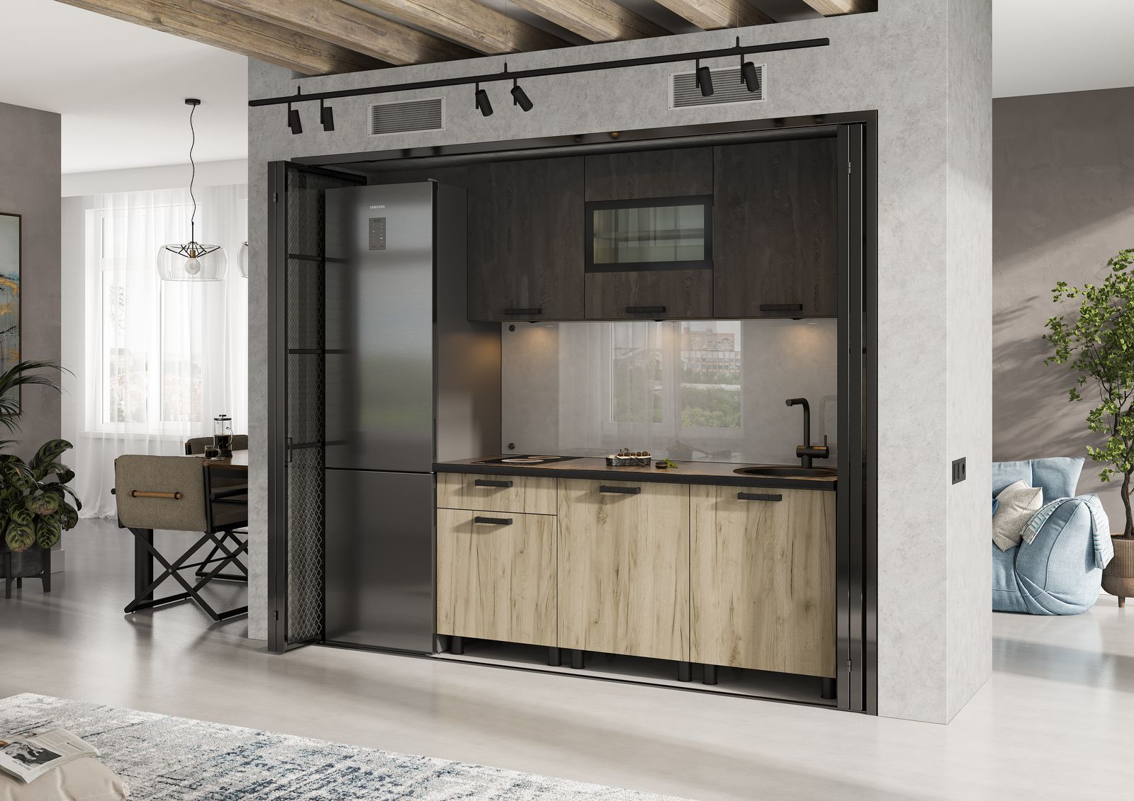 ЭДИНБУРГ Кухня 1.8  (1800х2160х600)Фасад ЖЕЛЕЗНЫЙ КАМЕНЬ/Корпус ДУБ КРАФТ СЕРЫЙ