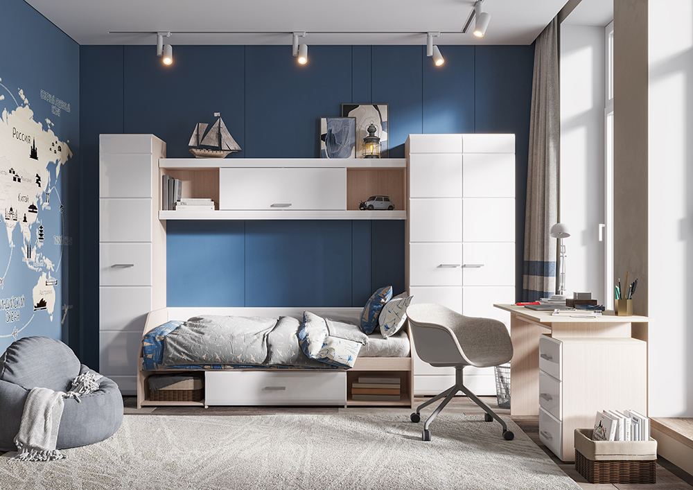 Спальня СИМБА кровать одноярусная (1,942х0,66х0,848) фасад МДФ БЕЛЫЙ ГЛЯНЕЦ/корпус БЕЛФОРТ