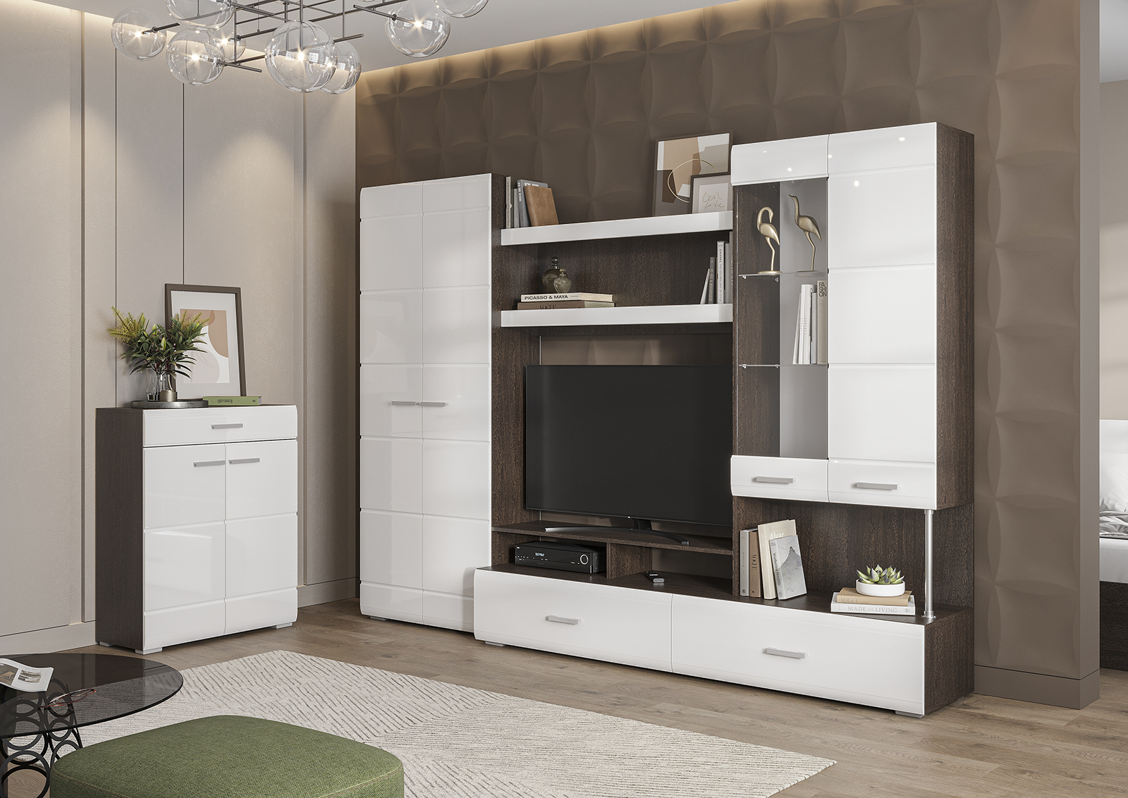 Гостиная ВЕГАС 1 (2,8х2,0х0,442 /ТВ 1,2х0,88х0,33) фасад МДФ БЕЛЫЙ ГЛЯНЕЦ/корпус ВЕНГЕ