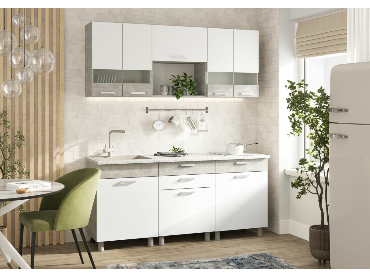 ДЕНВЕР КУХНЯ 1,8  (1800х2160х600)Фасад БЕЛЫЙ/Корпус АТЕЛЬЕ СВЕТЛЫЙ