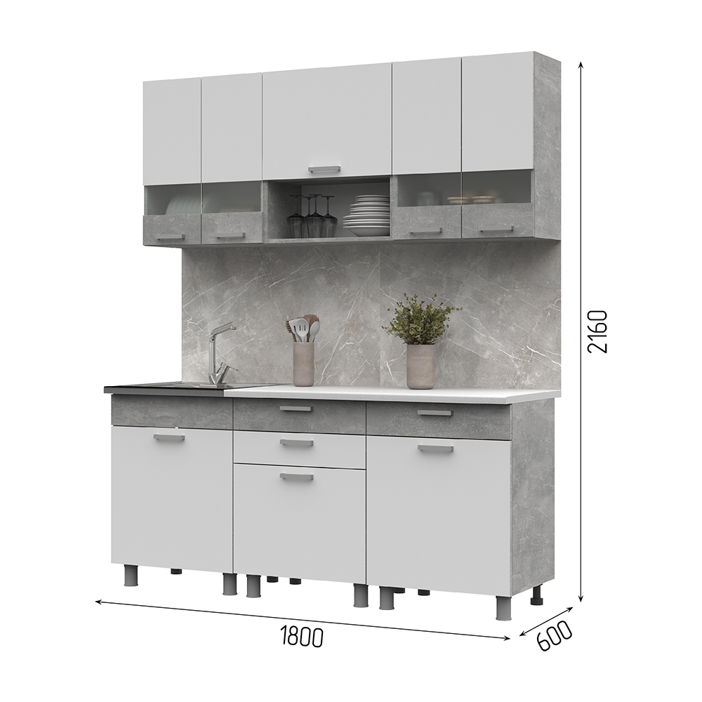 ДЕНВЕР КУХНЯ 1,8  (1800х2160х600)Фасад БЕЛЫЙ/Корпус АТЕЛЬЕ СВЕТЛЫЙ