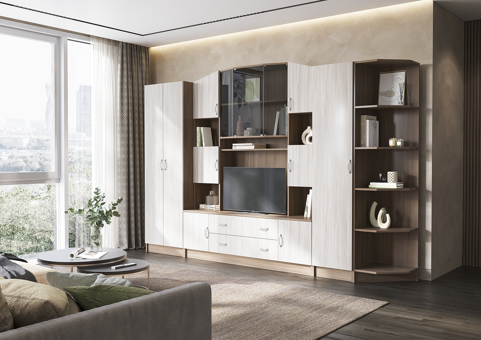 Гостиная МАКАРЕНА ЛДСП ШК 301 шкаф полки (0,6х1,908х0,44) фасад ШИМО СВЕТЛ/корпус ШИМО ТЕМН