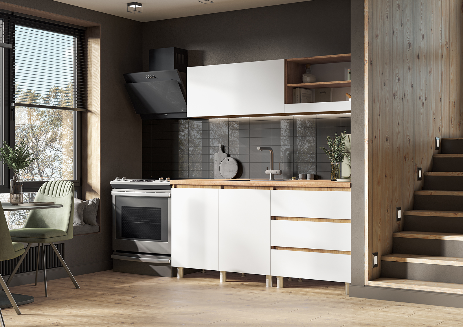 КУХНЯ 1,7 ХЕЛЕН (1,7х1,898х0,6)Фасад БЕЛЫЙ/Корпус ДУБ КРАФТ ЗОЛОТО