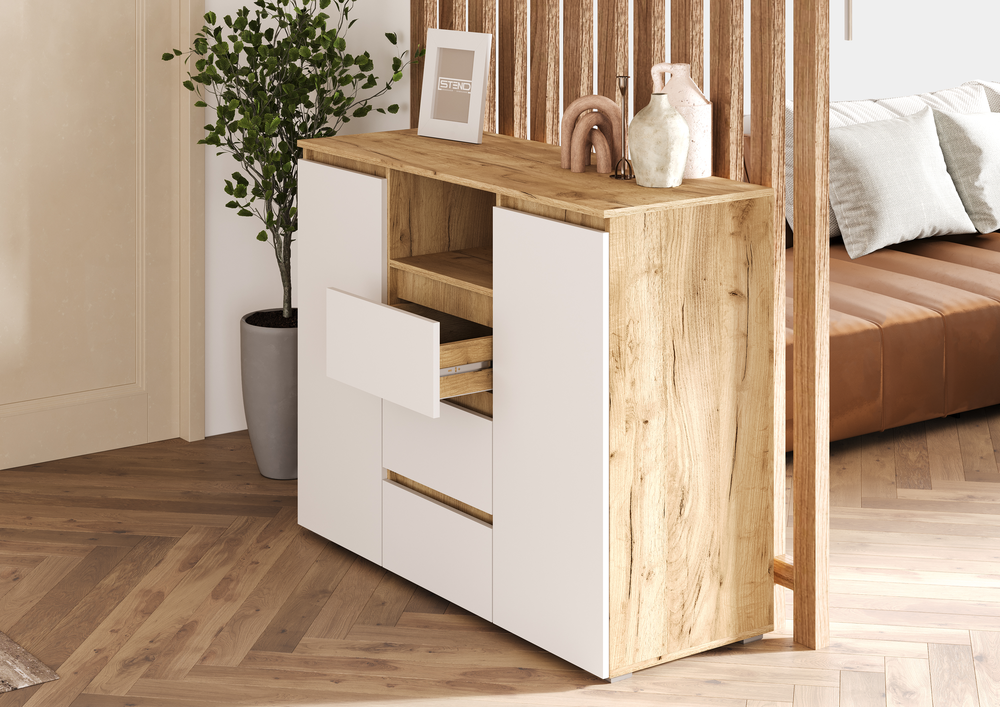 ХЕЛЕН КМ 01 Комод 1202 (1.202х0.958х0.460)ФАСАД БЕЛЫЙ/КОРПУС ДУБ КРАФТ ЗОЛОТО