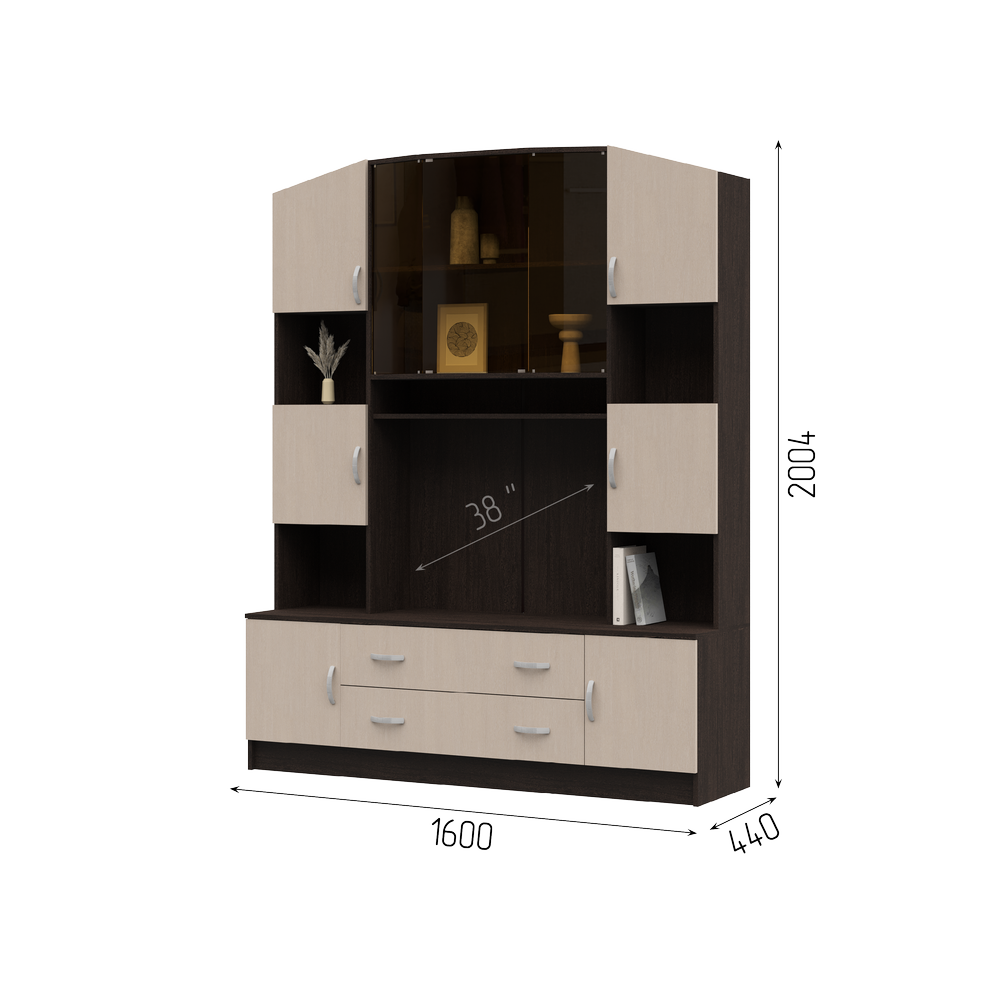 Гостиная МАКАРЕНА ЛДСП ТВ 301 центр секция (1,6х2,004х0,44/ТВ 0,852х0,648) фасад БЕЛФОРТ/корпус ВЕНГ