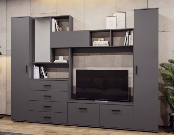 Гостиная ЯНА-1 шкаф 3х ств с ящиками ШК 752 (1200х2120х436) Фасад ГРАФИТ СЕРЫЙ/Корпус ГРАФИТ СЕРЫЙ