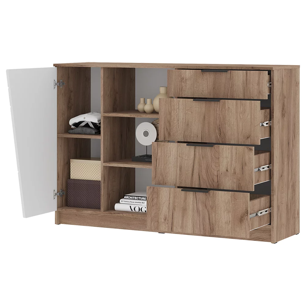 ОРЕГОН КМ 01 Комод 1400 (1400х950х400)Фасад МДФ БЕЛЫЙ СУПЕРМАТ,ДУБ КРАФТ ТАБАЧНЫЙ/Корпус ДУБ КРАФТ Т