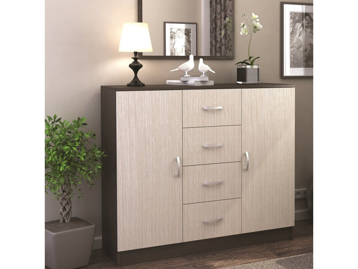 Спальня БАСЯ КМ 555-М  комод 4 ящика 2 створки (1,2х0,99х0,41) фасад ШИМО СВЕТЛ/корпус ШИМО ТЕМН